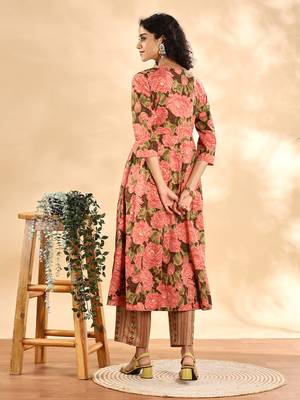 peach floral print sequins work anarkali kurta and trouser with dupatta set 4