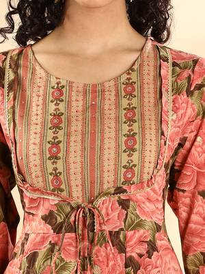  peach floral print sequins work anarkali kurta and trouser with dupatta set 5