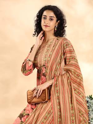  peach floral print sequins work anarkali kurta and trouser with dupatta set 6