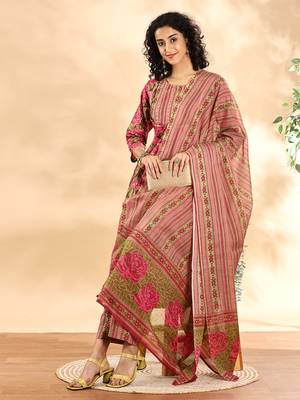  pink floral print sequins work anarkali kurta and trouser with dupatta set 2