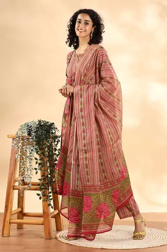 pink floral print sequins work anarkali kurta and trouser with dupatta set