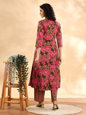  pink floral print sequins work anarkali kurta and trouser with dupatta set 4