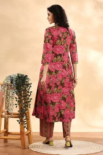  pink floral print sequins work anarkali kurta and trouser with dupatta set
