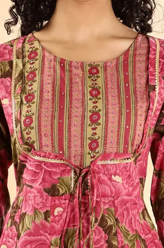 pink floral print sequins work anarkali kurta and trouser with dupatta set