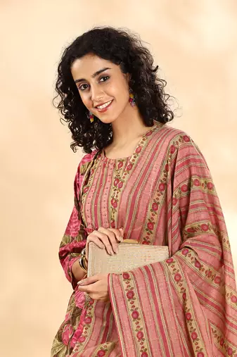  pink floral print sequins work anarkali kurta and trouser with dupatta set