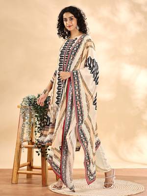  cream and black pure silk sequins work straight kurta dupatta pant set 2