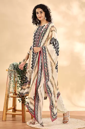  cream and black pure silk sequins work straight kurta dupatta pant set
