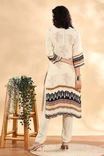  cream and black pure silk sequins work straight kurta dupatta pant set