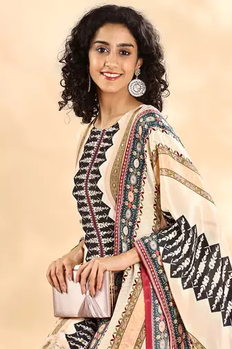 cream and black pure silk sequins work straight kurta dupatta pant set