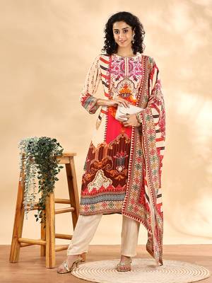  cream and pink silk crepe sequins work straight kurta dupatta pant set 1