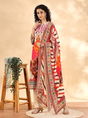  cream and pink silk crepe sequins work straight kurta dupatta pant set 2