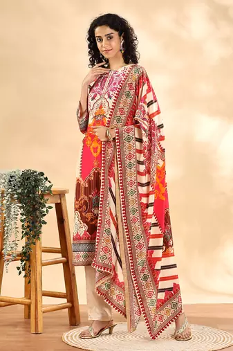  cream and pink silk crepe sequins work straight kurta dupatta pant set