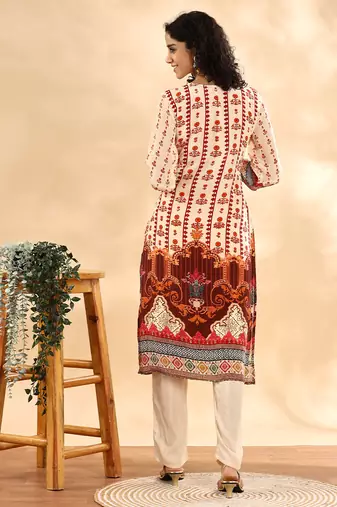  cream and pink silk crepe sequins work straight kurta dupatta pant set