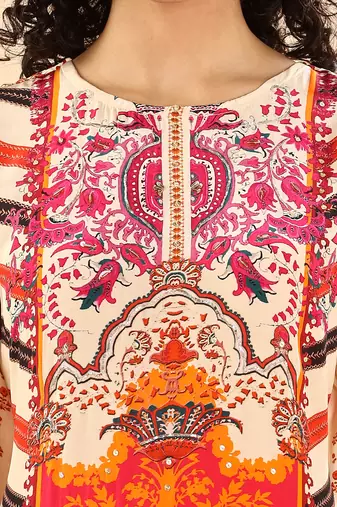  cream and pink silk crepe sequins work straight kurta dupatta pant set