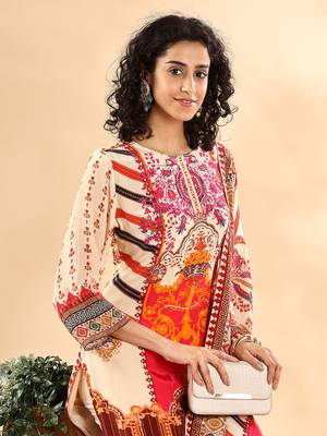 cream and pink silk crepe sequins work straight kurta dupatta pant set 5