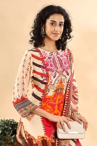  cream and pink silk crepe sequins work straight kurta dupatta pant set