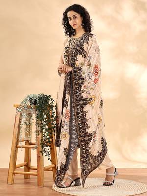  beige and brown pure silk sequins work straight kurta dupatta pant set 2
