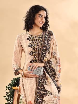  beige and brown pure silk sequins work straight kurta dupatta pant set 5