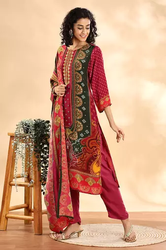  purple and green silk crepe sequins work straight kurta dupatta pant set