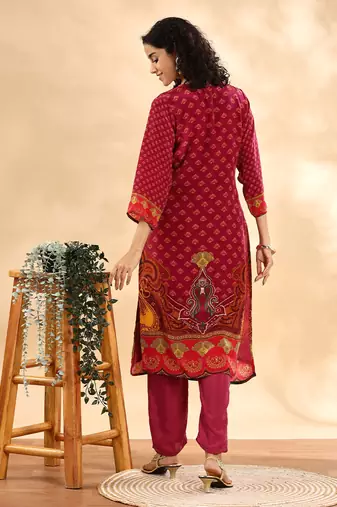  purple and green silk crepe sequins work straight kurta dupatta pant set