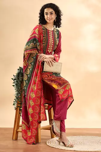  purple and green silk crepe sequins work straight kurta dupatta pant set