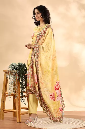  yellow silk crepe sequins work straight kurta dupatta pant set