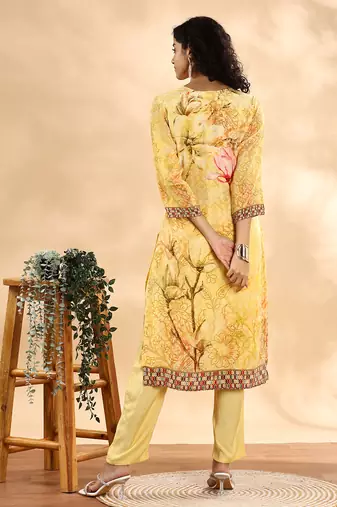  yellow silk crepe sequins work straight kurta dupatta pant set