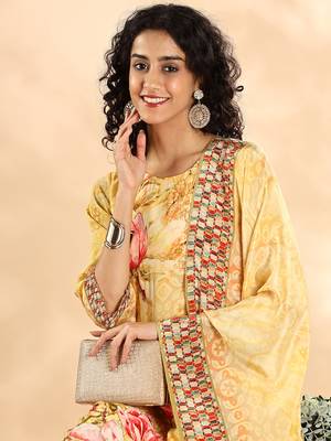  yellow silk crepe sequins work straight kurta dupatta pant set 4