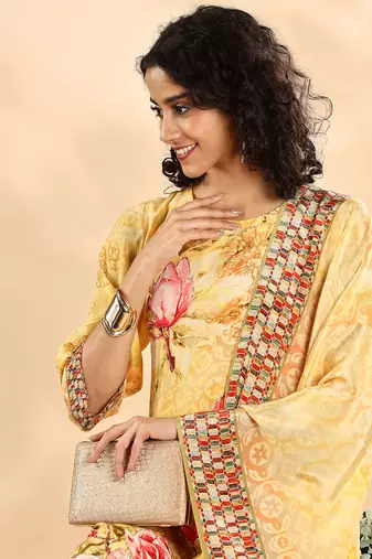  yellow silk crepe sequins work straight kurta dupatta pant set