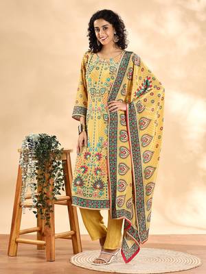  yellow silk crepe cutdana work straight kurta dupatta pant set 2