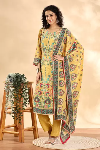 yellow silk crepe cutdana work straight kurta dupatta pant set