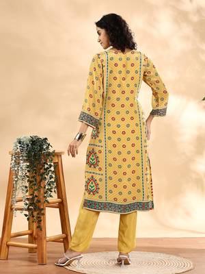  yellow silk crepe cutdana work straight kurta dupatta pant set 3