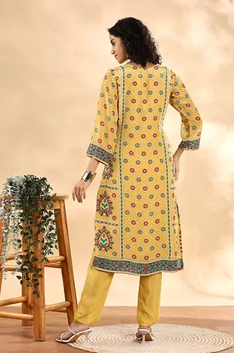  yellow silk crepe cutdana work straight kurta dupatta pant set
