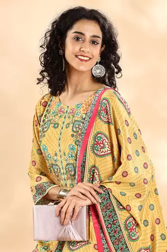  yellow silk crepe cutdana work straight kurta dupatta pant set
