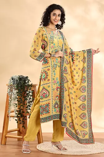  yellow silk crepe cutdana work straight kurta dupatta pant set
