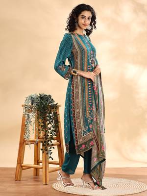  teal blue pure silk sequins work straight kurta dupatta pant set 2