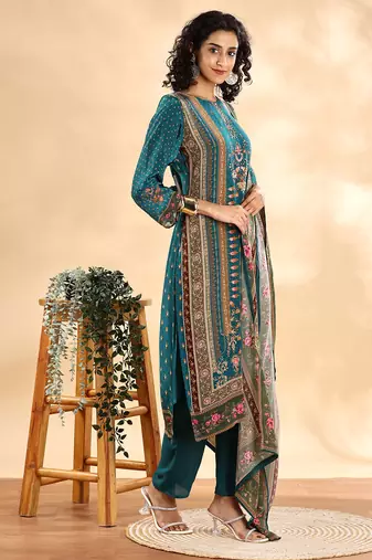  teal blue pure silk sequins work straight kurta dupatta pant set