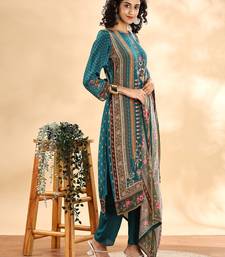  teal blue pure silk sequins work straight kurta dupatta pant set