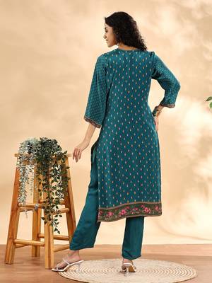  teal blue pure silk sequins work straight kurta dupatta pant set 3