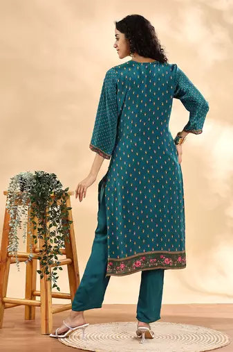  teal blue pure silk sequins work straight kurta dupatta pant set