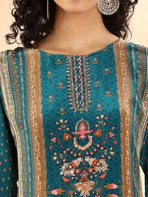  teal blue pure silk sequins work straight kurta dupatta pant set 4