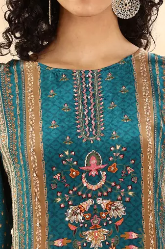  teal blue pure silk sequins work straight kurta dupatta pant set