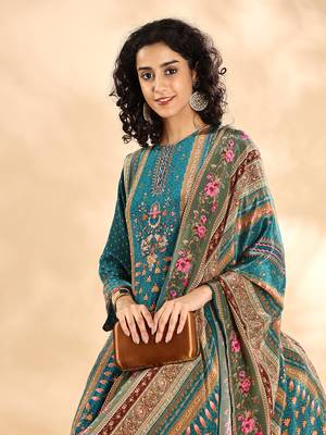  teal blue pure silk sequins work straight kurta dupatta pant set 5