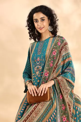  teal blue pure silk sequins work straight kurta dupatta pant set