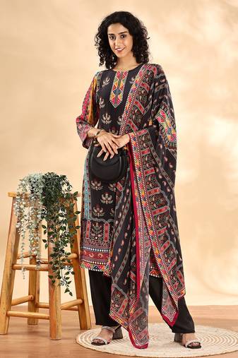  black silk crepe cutdana work straight kurta dupatta pant set
