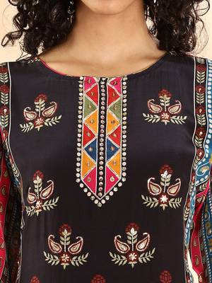  black silk crepe cutdana work straight kurta dupatta pant set 3