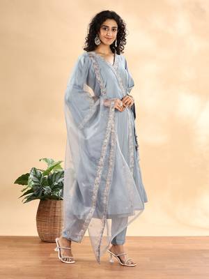  dusty blue silk embroidered angrakha kurta pant set with organza dupatta set 2