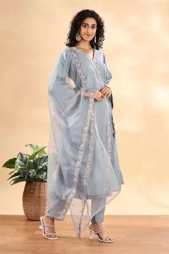  dusty blue silk embroidered angrakha kurta pant set with organza dupatta set