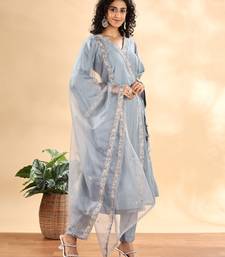  dusty blue silk embroidered angrakha kurta pant set with organza dupatta set