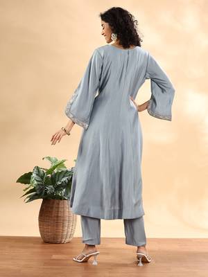  dusty blue silk embroidered angrakha kurta pant set with organza dupatta set 3